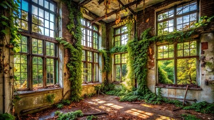 old abandoned house inside.  A crumbling asylum with broken windows and vines crawling up the walls.