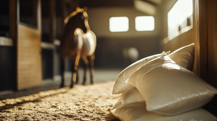 Horse in a barn with bags of feed in the foreground during golden hour