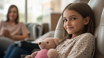 A young girl sits in a cozy hospital waiting area, holding a teddy bear close. Her smile radiates innocence, bringing warmth to the sterile environment around her