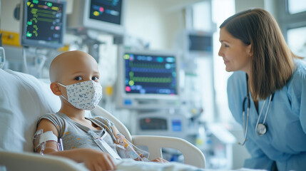 Obraz premium A young child in a hospital bed interacts with a caring nurse while receiving medical treatment. The room is equipped with necessary monitoring equipment