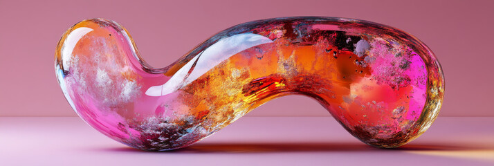 Abstract 3D render of a colorful glass orb against a pink background.