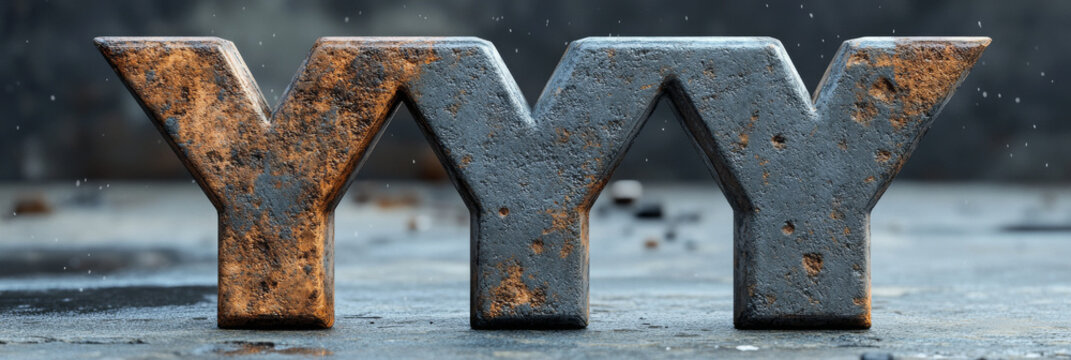Three rusty metal letters spell out 'YYY' on a dark and weathered surface.
