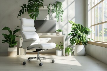 Fototapeta premium Minimalistic White Office Chair and Ergonomic Desk with Computer and Plants in Sunlit Workspace, 3D Rendered