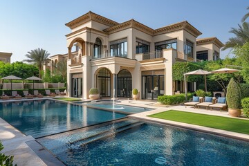 Fototapeta premium Wide-angle view of a stunning pool and outdoor area featuring a large flat garden with lawn and seating spaces, set against an Arab-style villa.