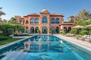 Wide-angle view of a stunning pool and outdoor area featuring a large flat garden with lawn and seating spaces, set against an Arab-style villa.