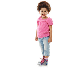 Child, girl and excited with portrait in studio with comic personality, silly and playing with mockup space. Multiracial kid, goofy or trendy style with humor, happy or confidence on white background
