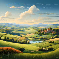 Naklejka premium A panoramic view of a vineyard at sunset.