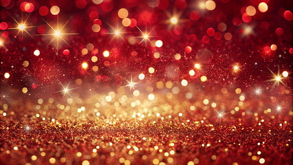 Elegant ruby red and gold background adorned with shimmering white glitter and sparkling confetti.