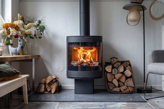 Modern Stog Aerosbbie St Spirit L40 wood burning stove with black steel body and open fire, featuring split wood storage, wooden table, and floral arrangements in a stylish interior.
