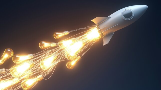A creative rocket powered by glowing light bulbs, symbolizing innovative ideas and high aspirations.