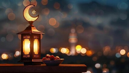 Ramadan Lantern with Dates and Lights, Celebrating Islamic Holy Month