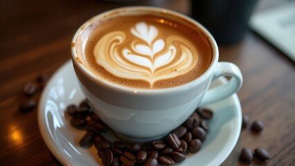 Obraz premium A cup of freshly brewed latte coffee presented with exquisite milk foam art on the surface, placed on a white saucer with coffee beans scattered around, creating a perfect cafe ambience.