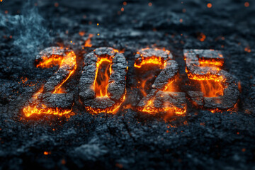Inscription 2025 new year made from bunring coals background.