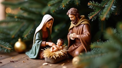 A traditional nativity scene depicting Mary, Joseph, and baby Jesus rests under festive Christmas tree decorations, capturing the essence of the season's religious significance. © SerPak