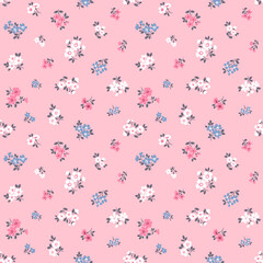 Vector seamless pattern. Vintage pattern in small flowers. Small white, pink and blue flowers. Rose pink background. Ditsy floral background. Hand drawn flowers. Abstract modern trendy pattern.