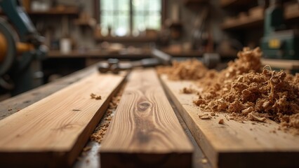 An assortment of rough and polished wooden boards placed together on a worktable with wood shavings scattered around, depicting a working environment in a carpentry shop.