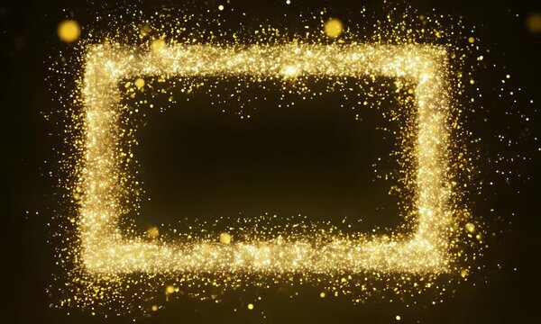 Christmas Golden rectangle square frame Portal with glowing golden sparkles and glitter particles on black background with golden bokeh, VFX