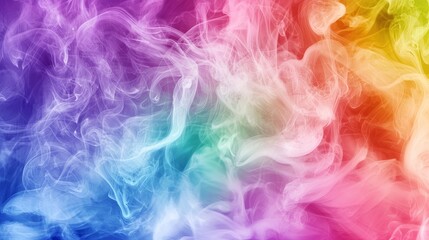 A vibrant abstract swirl of colorful smoke in shades of purple, pink, blue, and yellow creates a dreamy atmosphere.