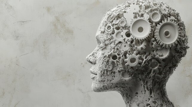 Mindset shift gears turning inside head outline, light industrial gray background