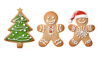 Fototapeta premium Festive Gingerbread Cookies Shaped Like Christmas Tree and Cheerful Gingerbread Men