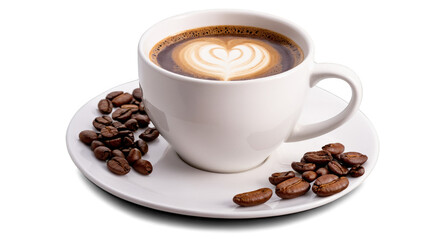 Fototapeta premium Warm cup of coffee with latte art and roasted beans on a plate beside it