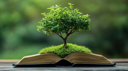 Growth mindset tree branches sprouting from an open book, soft green backdrop