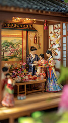Obraz premium traditional Korean lunar new year celebration Seollal background eating and exchanging gifts in hanok