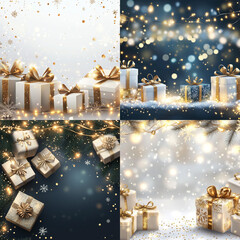 Christmas background design of sparkling lights garland, with realistic gifts box, snowflakes and glitter gold confetti, horizontal Xmas poster, greeting cards