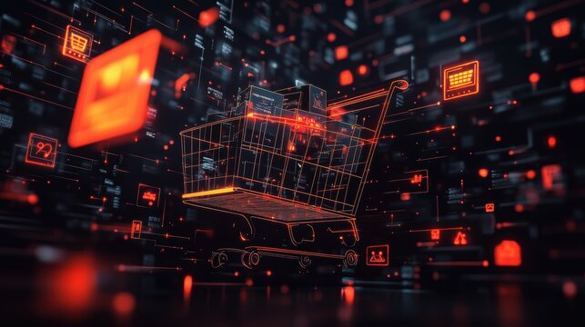 Dynamic e-commerce growth strategies with product highlights and sales data, on a sleek black background