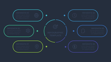 Line concept for infographic with 6 steps, options, parts or processes. Template for web on a black background.