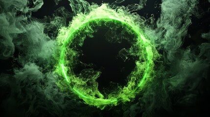 A mystical green smoke circle on a dark background, creating an enchanting and surreal atmosphere.