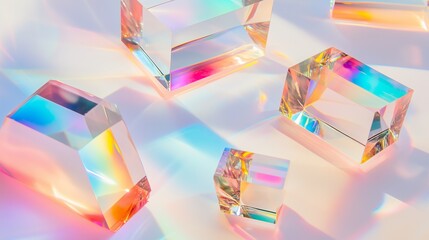 geometric glass prisms arranged on a white surface, refracting light into vivid, rainbow colored patterns