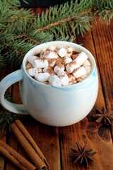 There is a mug of cocoa and marshmallows on the wooden table.