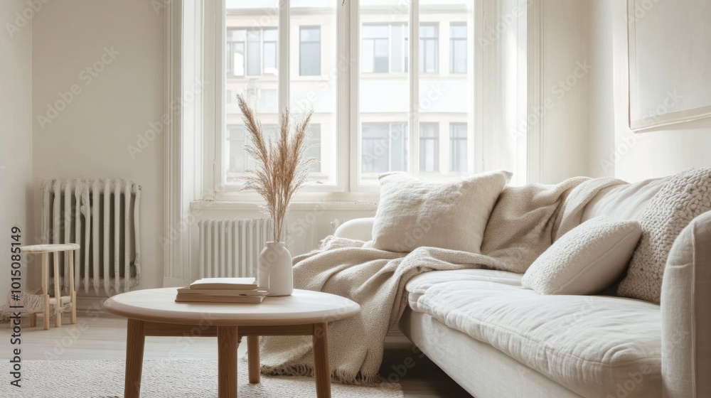 Poster a white couch sits next to a large window in a living room. it has a blanket draped over it and seve