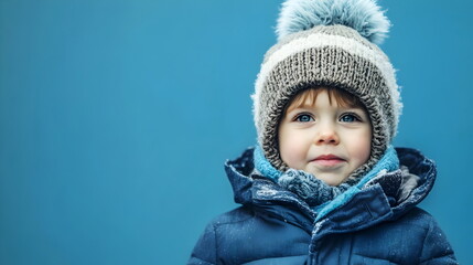 Winter Child Portrait Smiling Hat Outdoor Blue Background