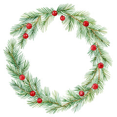 Beautiful Watercolor Christmas Wreath with Holly Berries and Pinecones for Festive Decor