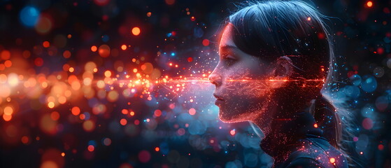 Young Girl Exploring Digital World: A captivating portrait of a young girl gazing intently at a screen filled with vibrant digital patterns, her reflection mirroring the futuristic data stream.
