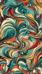 A vibrant abstract pattern featuring swirling shapes in turquoise, orange, red, and green. The design showcases a dynamic interplay of curves and lines, creating a lively and energetic visual effect.