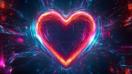 A vibrant, glowing heart shape radiates colorful light in a dark, abstract background, symbolizing love and energy.