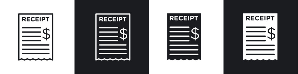 Receipt icon vector icon set black filled and outlined style.