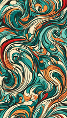 Obraz premium A vibrant abstract pattern featuring swirling shapes in turquoise, orange, red, and green. The design showcases a dynamic interplay of curves and lines, creating a lively and energetic visual effect.