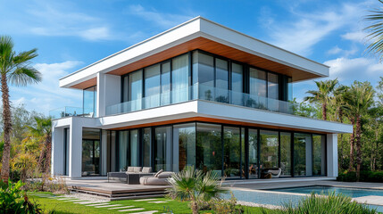Fototapeta premium Modern Villa with Pool and Tropical Landscaping