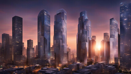 Fototapeta premium A futuristic cityscape at dusk with illuminated skyscrapers, blending modern architecture and vibrant urban life against a twilight sky.