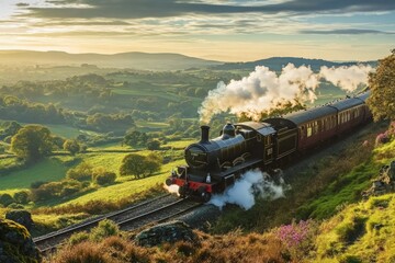 A steam train chugging through a lush green valley, adorned with vibrant wildflowers, capturing the charm of a bygone era. This image showcases the beauty of nature under bright daylight