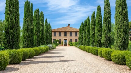 Obraz premium Mediterranean villa with tall cypress trees lining the pathway, elegant and timeless, house exterior, big trees, cypress, villa