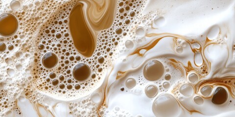 An abstract representation of swirling coffee bubbles and cream, capturing the intricate textures and patterns in a close-up view. This image highlights the beauty of coffee and cream interaction