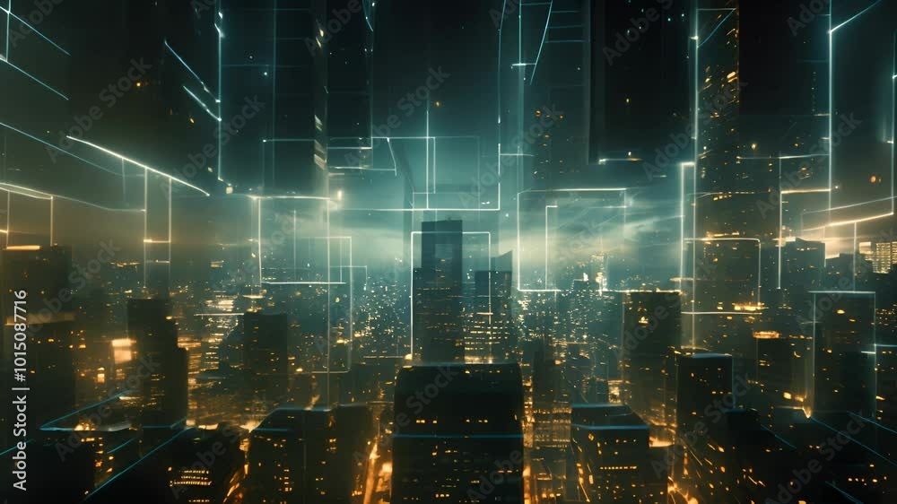 Aufkleber neon technology city business concept with skyscraper buildings and virtual network connection