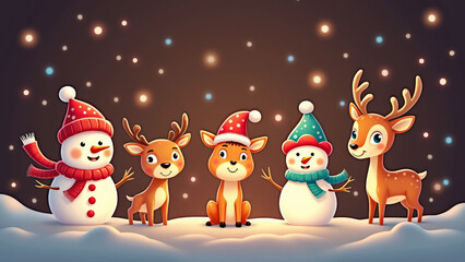 Snowmen and reindeer in festive hats on a snowy winter night
