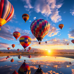 Obraz premium A colorful hot air balloon festival against a sunrise