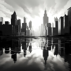 A dramatic black and white cityscape with reflections